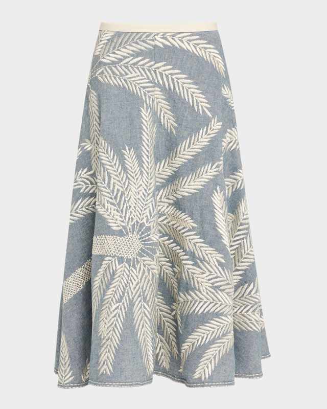 Tasha 3 Palm Embroidered Midi Skirt